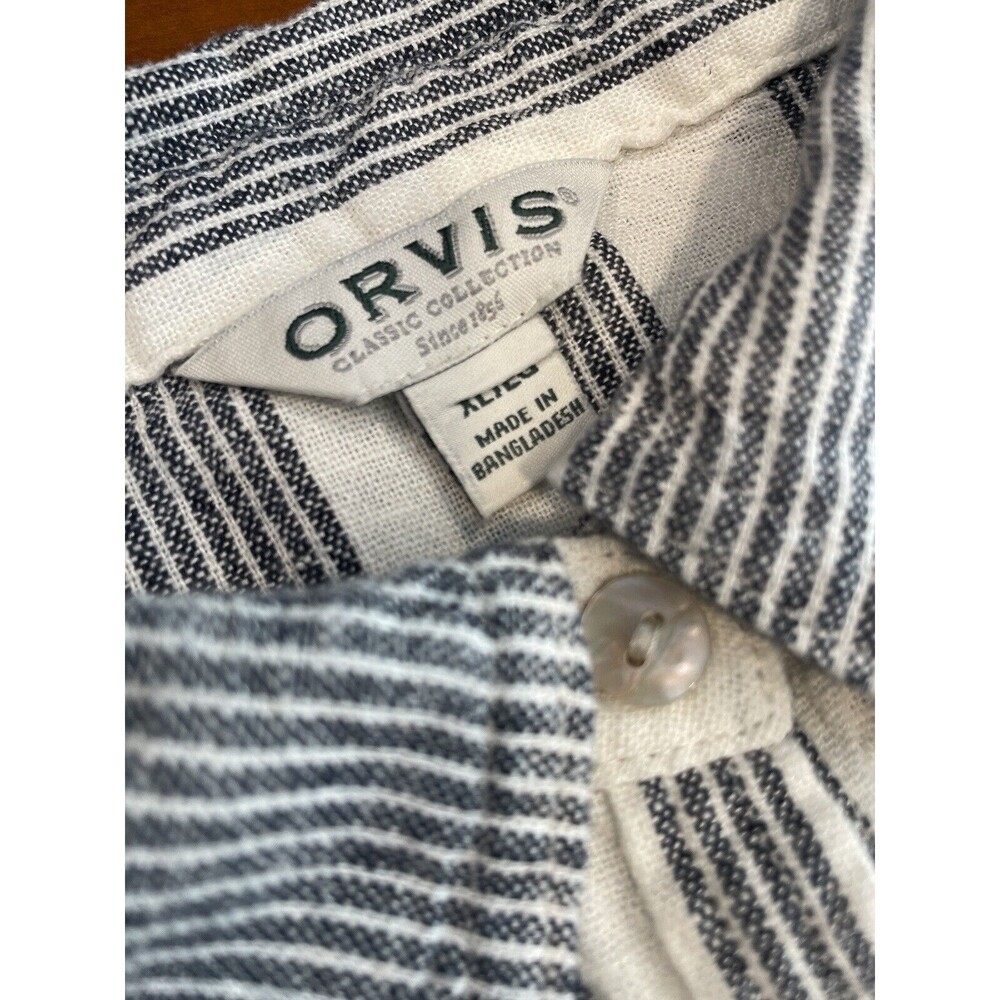 ~ Linen Blend Orvis XL Button Blouse Coastal Stripe Black Ivory Beachy Top